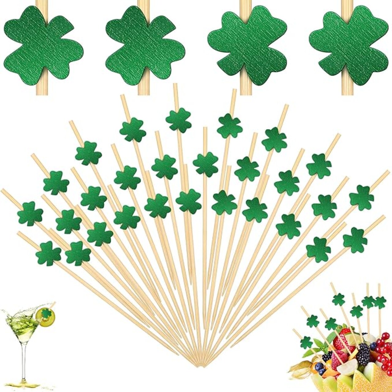 200 Pcs St Patrick's Day Toothpicks Shamrock Cocktail Picks Handmade Bamboo Toothpicks 4.7 in Lucky Clover Food Picks for Cake Topper Drink Sandwich Fruit Dessert Food Appetizer for Irish Day Party